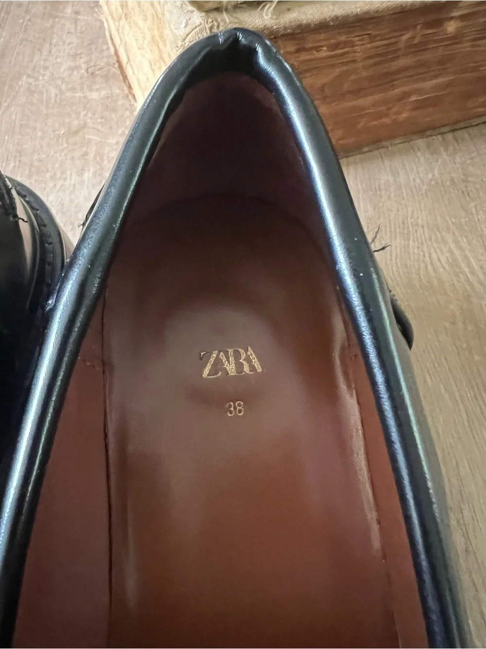 Zara woman’s Black Leather Loafers with Gold Chain
